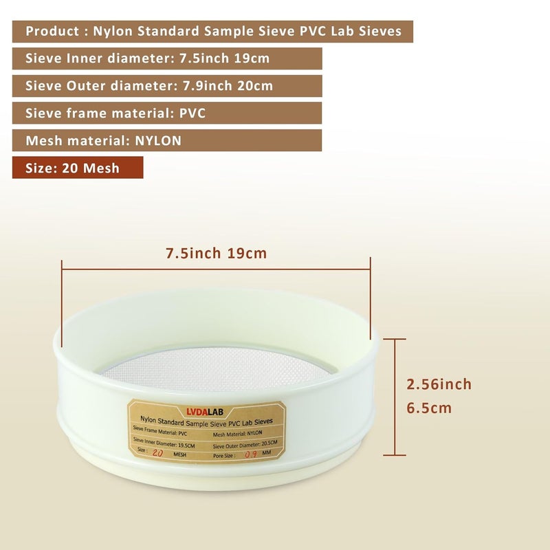 LVDALAB PVC Nylon Lab Sieve 20 Mesh(0.9mm), 7.9Inch(20cm) Diameter Sample Sifter Strainer for Industrial Lab Home - Image 2